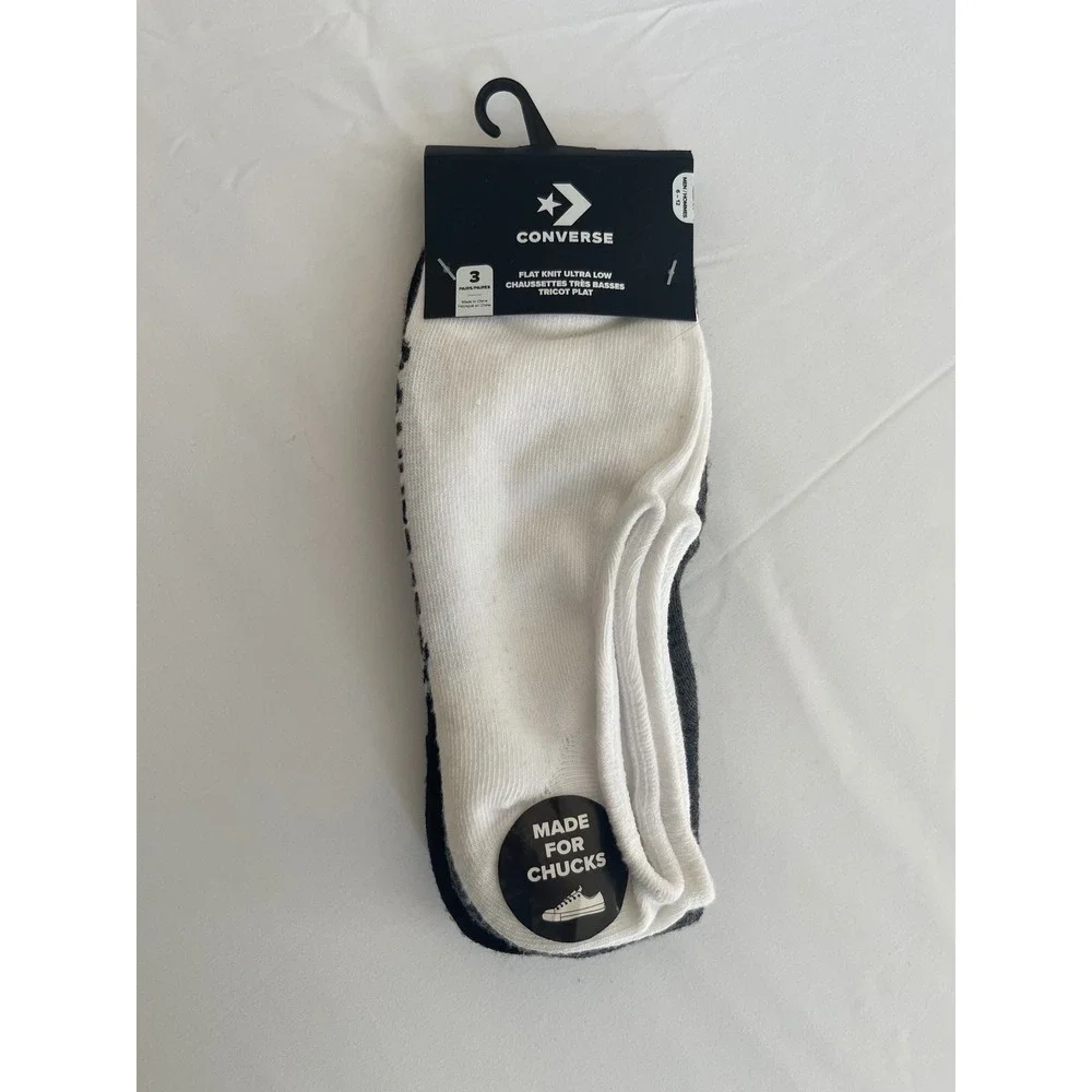Converse Mens 3Pack Flat Knit Ultra Low No Show Socks White Grey Black Size 6-12